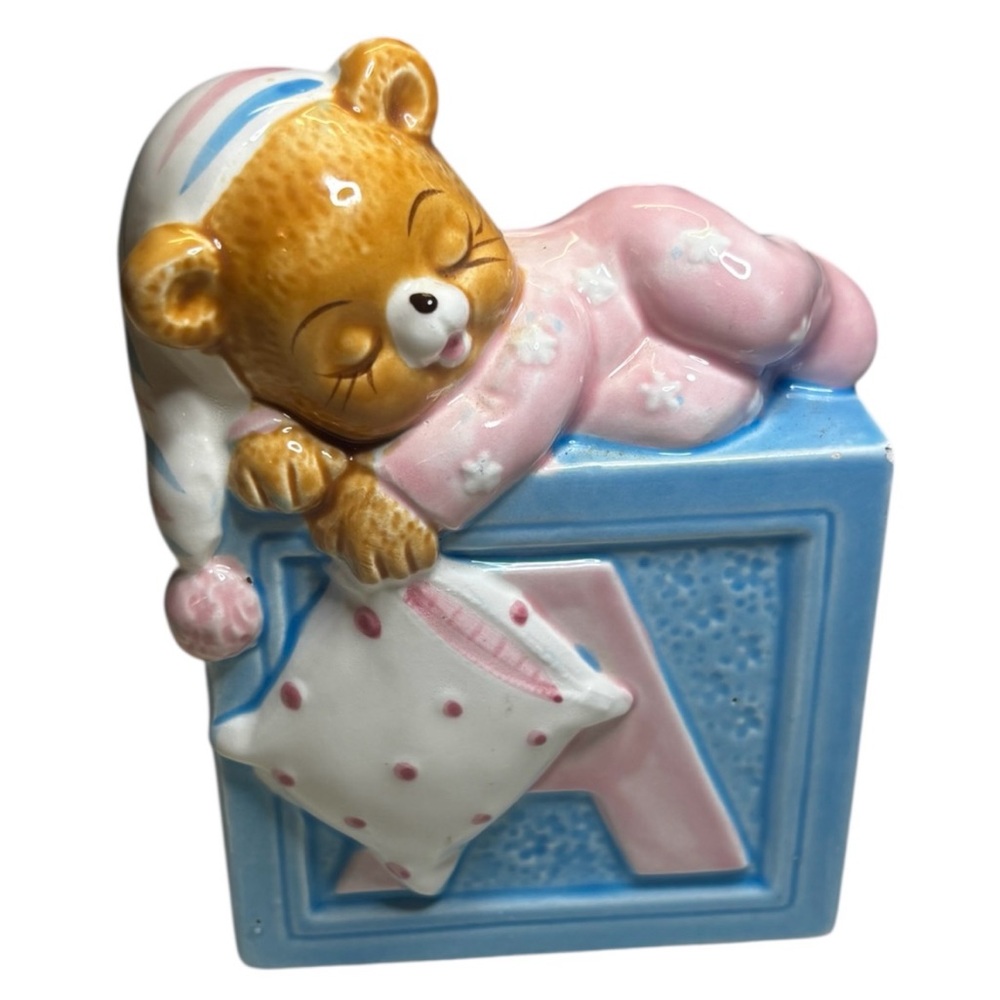 Ceramic Sleeping Bear Figurine on Block Planter Cube Japan